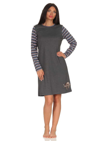 NORMANN Nachthemd langarm Kuschelinterlock Faultier - 49341 in anthrazit-melange
