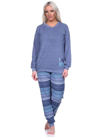 NORMANN Frottee Schlafanzug langarm Bündchen Hose gestreift - 75876 in blau-melange