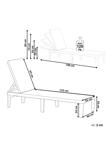 Beliani Gartenliege OSSIMO in Rot - (W) 55 x (H) 35 x (L) 190 cm