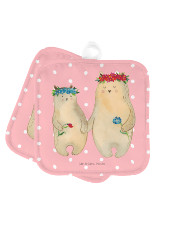 Mr. & Mrs. Panda Topflappen Bären mit Blumenkranz ohne Spruch in Rot Pastell