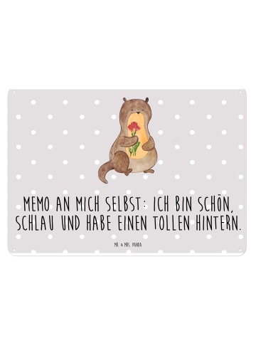 Mr. & Mrs. Panda Blechschild Otter Blumenstrauß mit Spruch in Grau Pastell