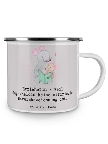 Mr. & Mrs. Panda Camping Emaille Tasse Erzieherin Superheldin mi... in Grau Pastell