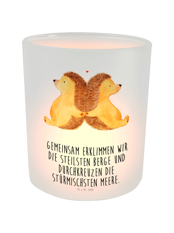 Mr. & Mrs. Panda Glas Windlicht Igel händchenhaltend mit Spruch in Transparent