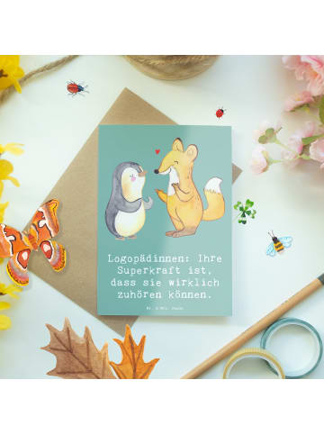 Mr. & Mrs. Panda Grußkarte Logopädin Superkraft mit Spruch in Meeresbrise