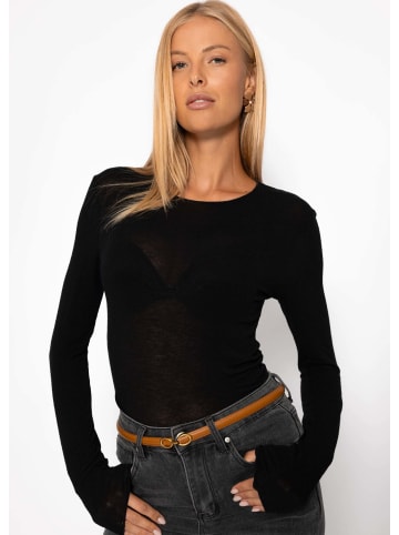 SASSYCLASSY Gestreiftes, leicht transparentes Langarmshirt mit Kaschmiranteil in Schwarz