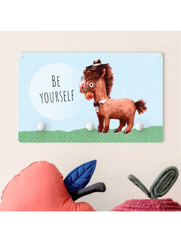 WALLART Kindergarderobe Holz - Bebrilltes Pony mit Spruch Be Yourself in Blau