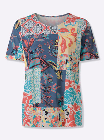 Sieh an! Kurzarm-Shirt in grapefruit-jeansblau-bedruckt