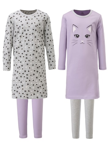 Erwin Müller Single-Jersey Kinder-Nachthemd mit Leggings 2er-Pack in flieder/grau meliert