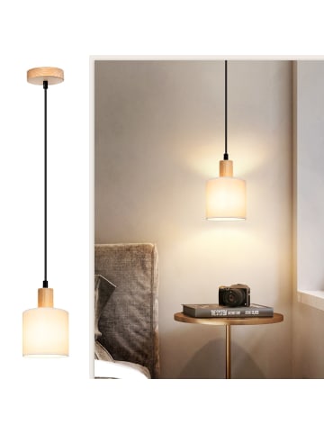 ZMH Pendelleuchte in Weiß 1-flammige E14 Holz Stoffschirm rund Esszimmerlamp