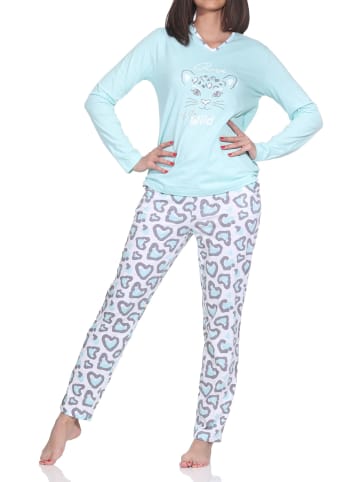 NORMANN Langarm Pyjama Schlafanzug Hose Animalprint Übergrößen in türkis