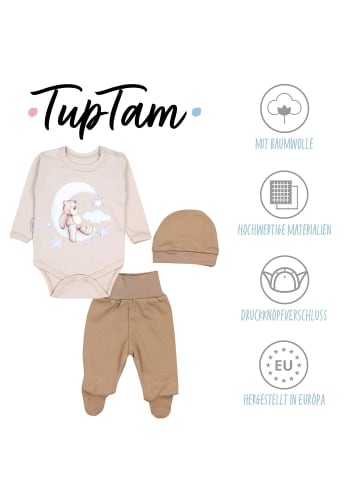 TupTam Baby Bekleidungsset Langarmbody Hose Mütze3 teilig in beige/braun