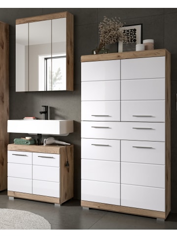 Inn.Furn Badmöbel-Set weiß Hochglanz, Eiche 3-teilig 149 cm mit viel Stauraum