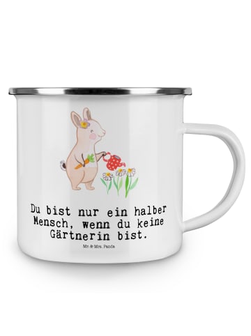 Mr. & Mrs. Panda Camping Emaille Tasse Gärtnerin Herz mit Spruch in Weiß