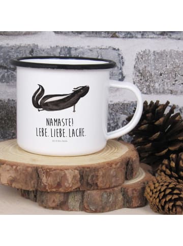 Mr. & Mrs. Panda XL Emaille Tasse Stinktier Yoga mit Spruch in Weiß