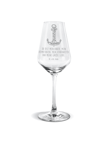 Mr. & Mrs. Panda Weinglas Anker Blau mit Spruch in Transparent