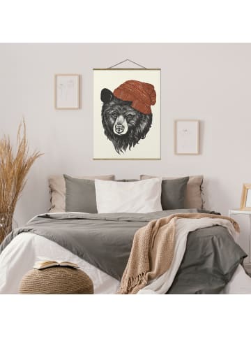 WALLART Stoffbild - Laura Graves - Illustration Bär mit roter Mütze in Schwarz-Weiß