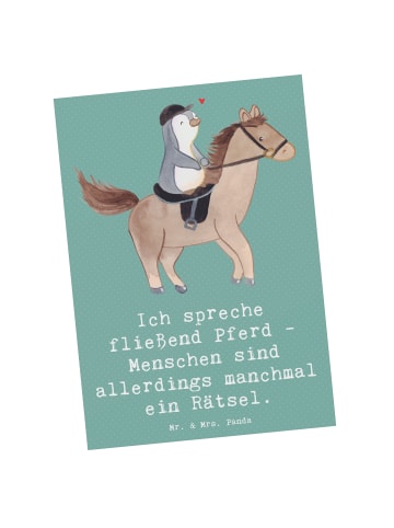 Mr. & Mrs. Panda Postkarte Reiten und Rätsel mit Spruch in Meeresbrise