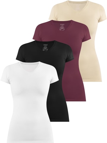 Janice 4 x Figurbetontes T-Shirt mit V-Ausschnitt Siena in Weiß/Schwarz/Burgund/Beige