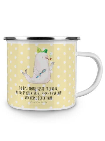 Mr. & Mrs. Panda Camping Emaille Tasse Robbe Sherlock mit Spruch in Gelb Pastell