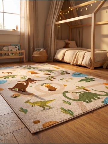 KADIMA DESIGN Kinderteppich Dinosaurier-Landschaft Waschbar TINO OEKO-TEX in Beige