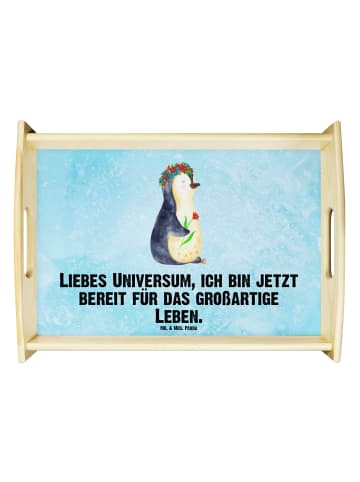 Mr. & Mrs. Panda Holztablett Pinguin Blumen mit Spruch in Eisblau