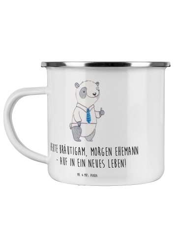 Mr. & Mrs. Panda Camping Emaille Tasse Bräutigam Heute mit Spruch in Transparent
