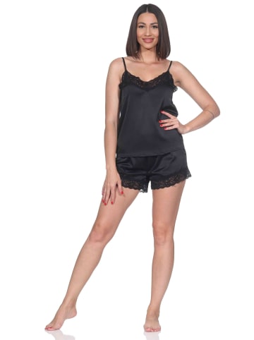 NORMANN Satin Schlafanzug Shorty Pyjama Ärmellos in schwarz