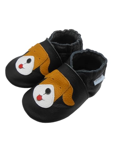 Basrakids Schwarze Baby-Leder-Laufschuhe, komfortabel mit rutschfester Sohle - Mops-Motiv