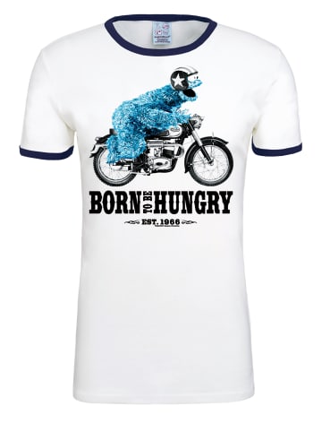 Logoshirt T-Shirts Sesamstraße – Krümelmonster Motorrad in weiss-dunkelblau