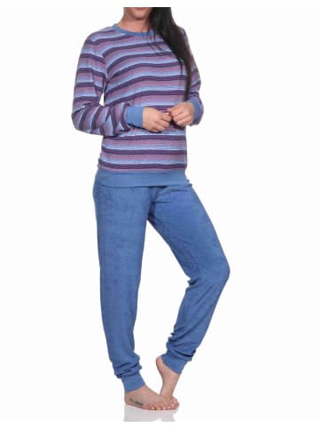 NORMANN Frottee Schlafanzug Bündchen Streifendesign - 76938 in blau-melange