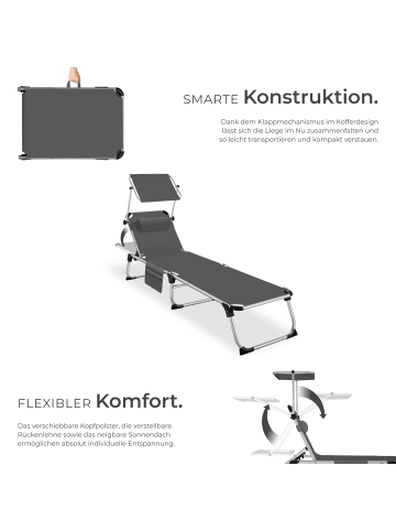 tectake klappbare Aluminium Sonnenliege mit Seitentasche, 218 x 60 x 33,5 cm