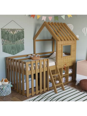 ABRIHOME Kinderbett Hochbett 90x200 mit Dach und Fenster, Massivholz in Braun