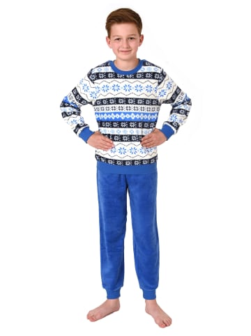 NORMANN Kinde langarm Schlafanzug Pyjama Bündchen Norweger Coralfleece in blau