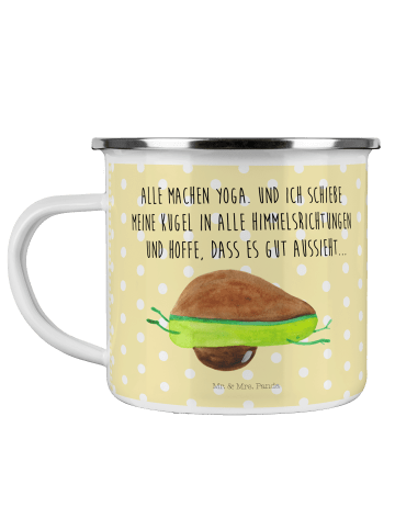 Mr. & Mrs. Panda Camping Emaille Tasse Avocado Yoga mit Spruch in Gelb Pastell