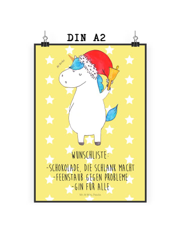 Mr. & Mrs. Panda Wandbild Einhorn Weihnachtsmann mit Spruch in Gelb Pastell