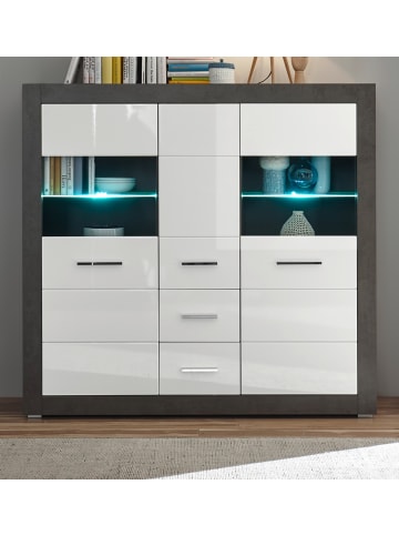 Furn.Design Highboard weiß Hochglanz, grau Stone 149 cm, Vitrine mit viel Stauraum