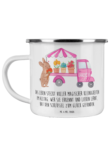 Mr. & Mrs. Panda Emaille Becher Osterhase Blumenwagen mit Spruch in Weiß