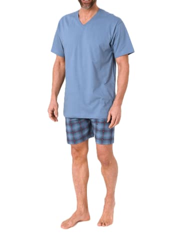 NORMANN Schlafanzug kurzarm Shorty mit karierter Jersey Hose in blau