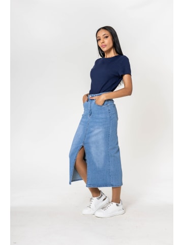 Nina Carter Langer Jeansrock mit Schlitz Stretch Denim Midi Rock in Hellblau