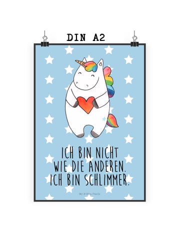 Mr. & Mrs. Panda Poster Einhorn Herz mit Spruch in Blau Pastell