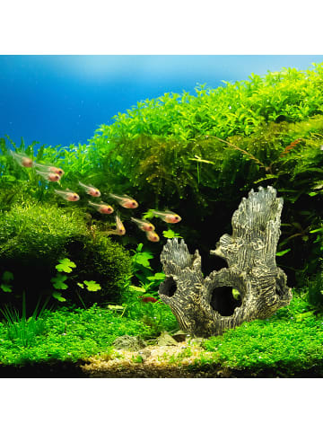 relaxdays Aquarium Deko "Baumstamm" in Grau/ Grün - (B)15 x (H)16,5 x (T)12 cm