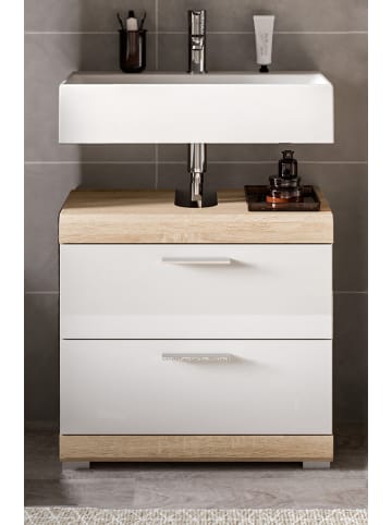 Inn.Furn Waschbeckenunterschrank weiß Hochglanz, Eiche 60 cm, Schubkästen mit Vollauszug