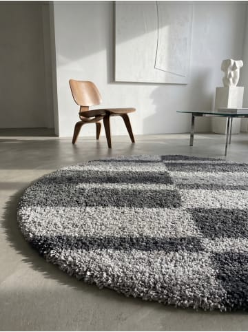 KADIMA DESIGN Teppich Hochflor Shaggy Waschbar Karo WERFEN Strapazierfähig in Grau
