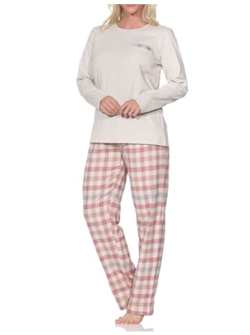 NORMANN Schlafanzug langarm karierte Flanell Pyjamahose in creme