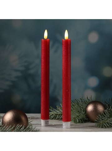 MARELIDA 2x LED Stabkerzen LINA Rustik-Optik Echtwachs H: 25cm in rot