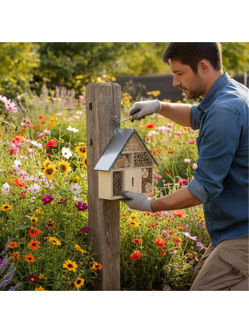 relaxdays Insektenhotel in Natur/ Silber - (B)30 x (H)28 x (T)9 cm