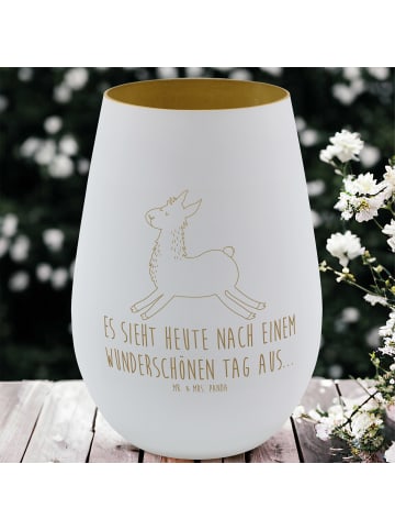 Mr. & Mrs. Panda Gold Windlicht Lama Springen mit Spruch in Weiß