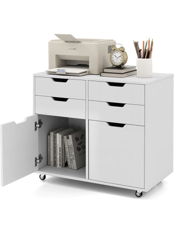 COSTWAY Rollcontainer mit 4 Schubladen und 2 Türen in Weiß