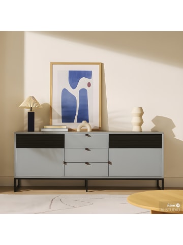 home24 home24 Sideboard 160 cm aus beschichteter Spanplatte, lackiertem MDF & Kunstledergriff in Eiche Dekor, 160 x 75 x 40 cm in Blaugrau