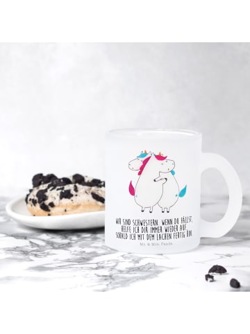 Mr. & Mrs. Panda Teetasse Glas Einhörner Umarmen mit Spruch in Transparent